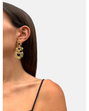 PENDIENTES ADEREZO TRIPLE CHAPADOS AZABACHE